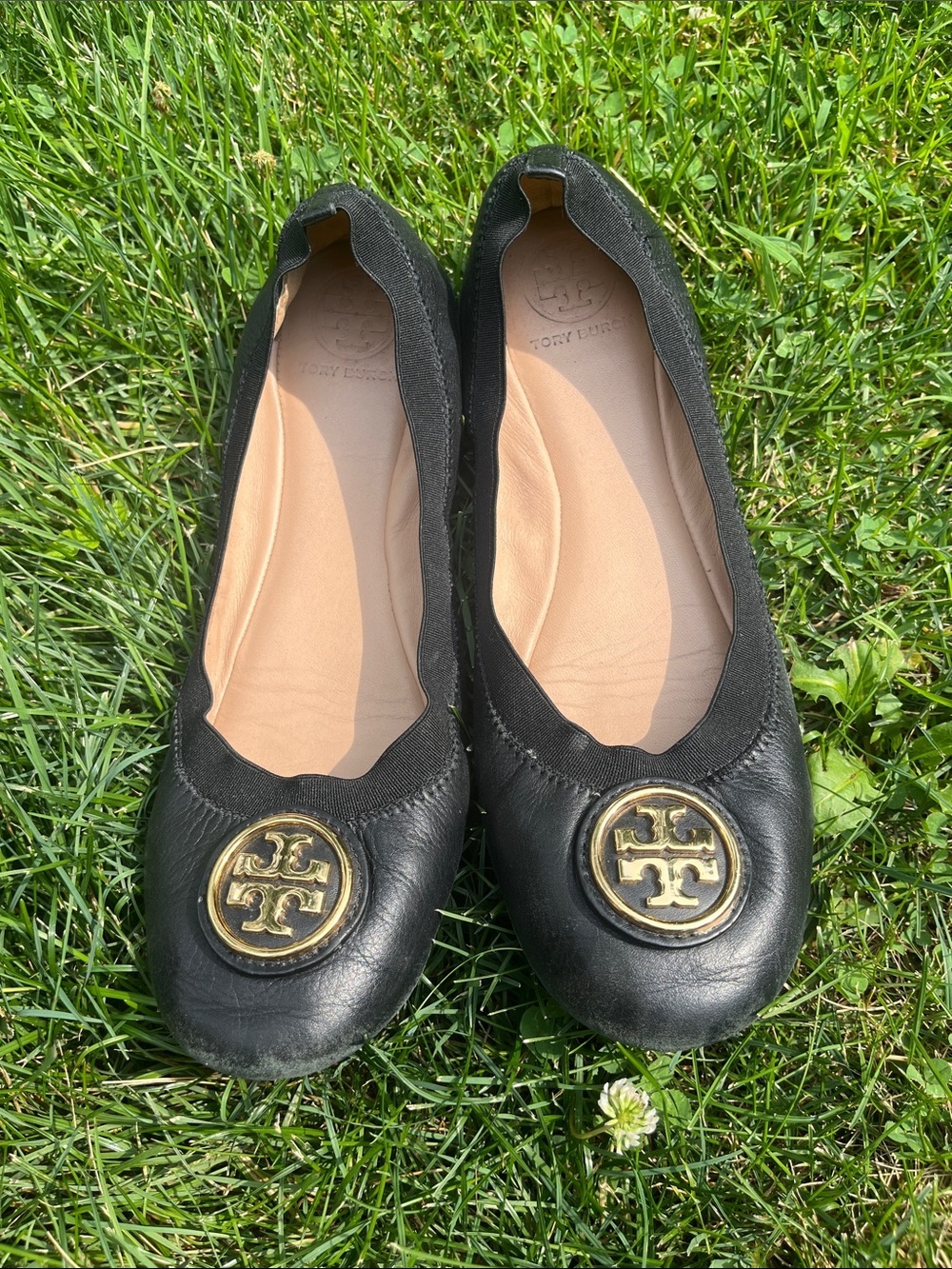 Tory Burch Black Leather Logo Round-Toe Ballet Flats 9.5